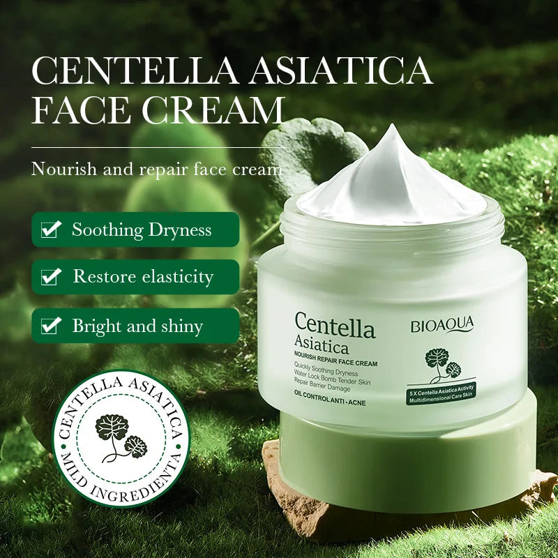 Centella asiatica acne-soothing face cream in a white jar, shown with fresh green leaves and cream texture