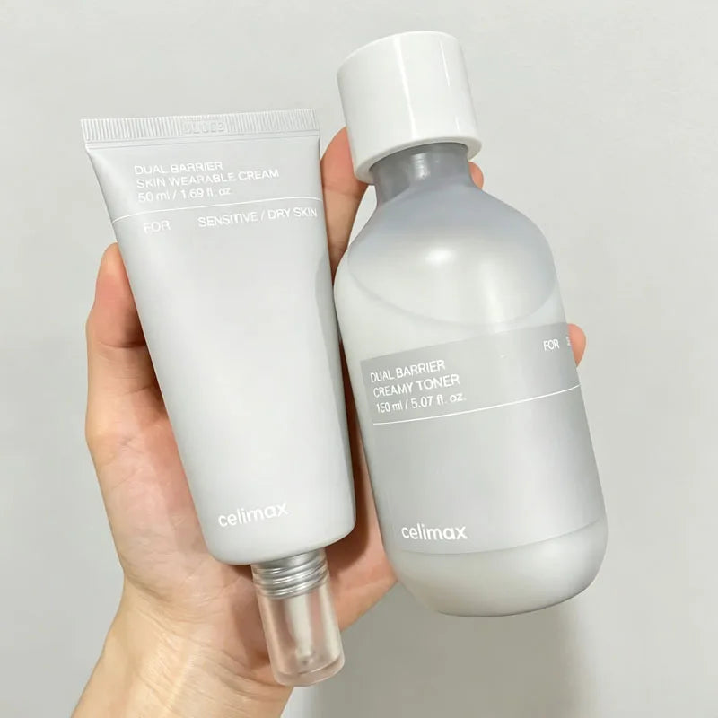 Celimax Double Barrier Repair Cream & Toner Duo — Ceramide & Peptide — Matte gray squeeze tube and toner bottle set on white background