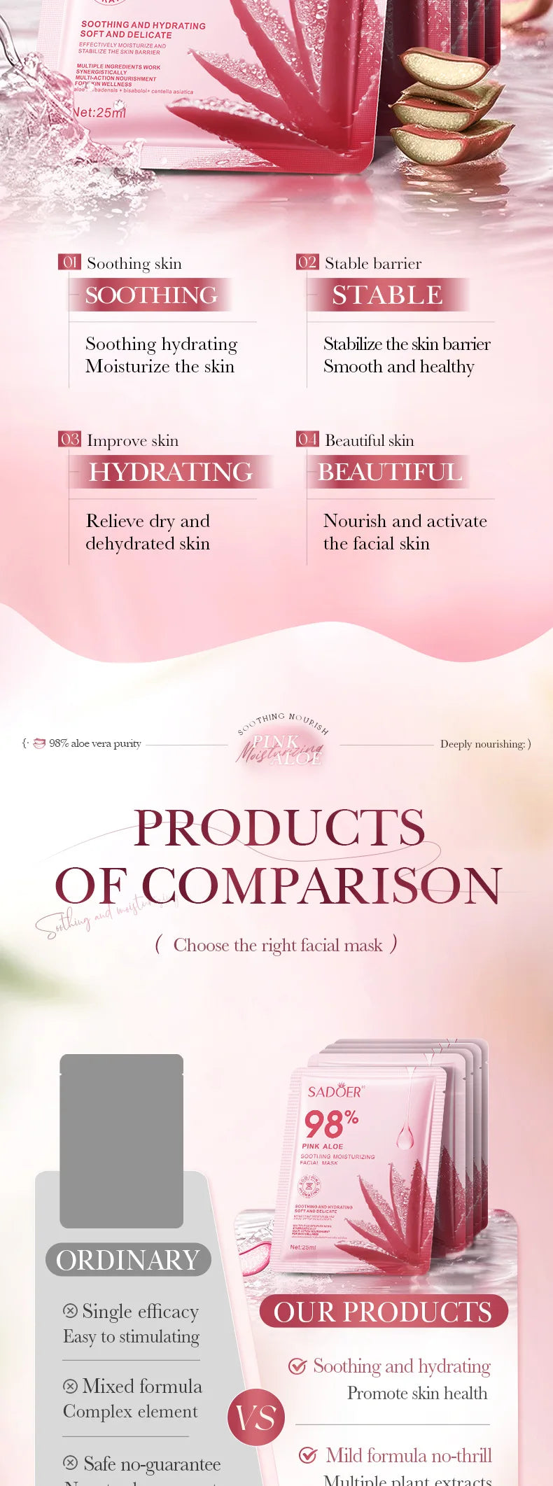 Pink aloe hydrating nourishing sheet mask pack