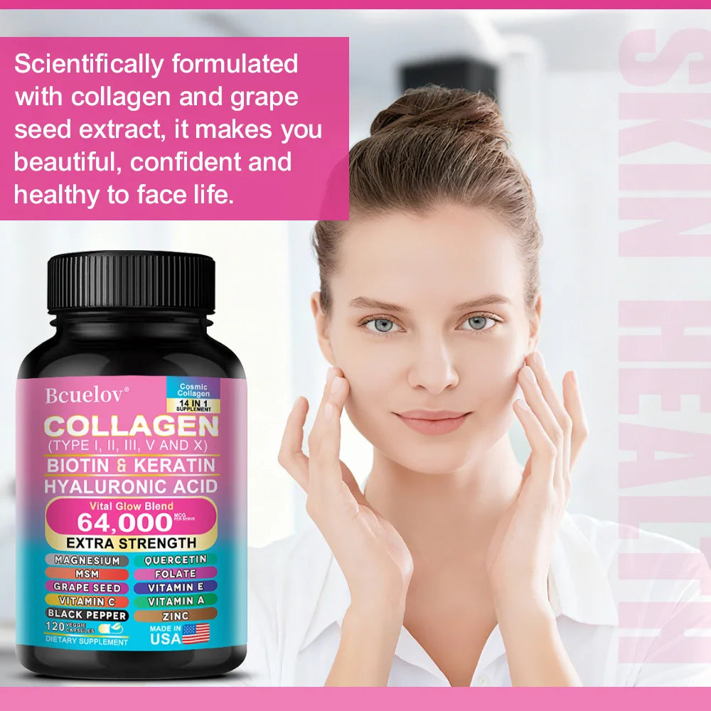 Bcuelov 14-in-1 Collagen Biotin & Hyaluronic Acid Supplement — collagen + biotin + hyaluronic acid — capsules detail close-up on white background