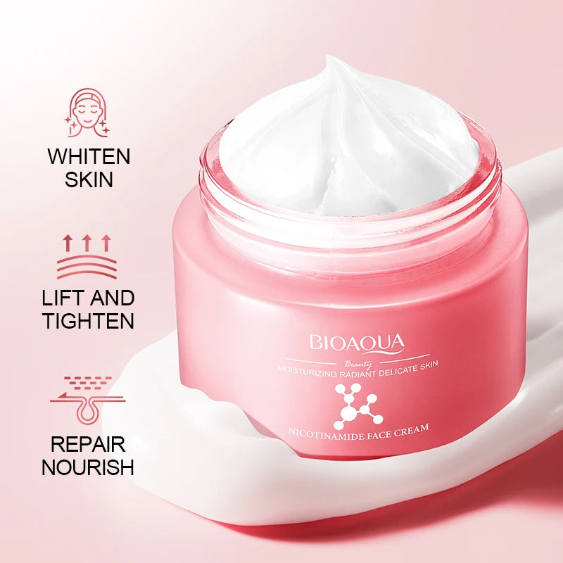 BIOAQUA Nicotinamide Snail Collagen Face Cream — Nicotinamide & Snail Collagen — Open jar showing cream texture