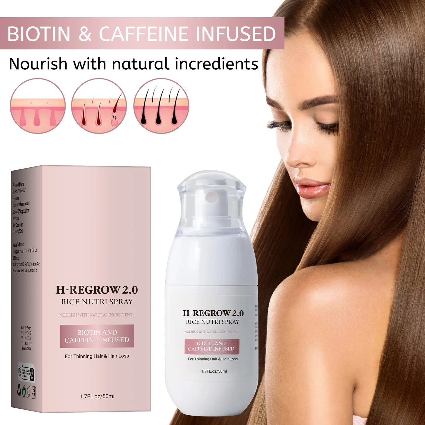 Fermented rice water hair growth spray bottle for scalp treatment with biotin and caffeine