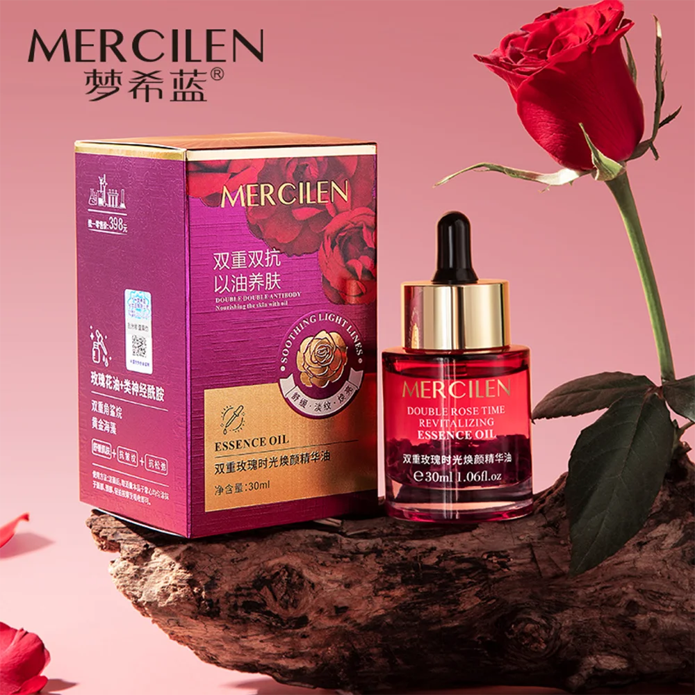 MERCILEN Double Rose Time Revitalizing Essence Oil — rose + essential oils — oil bottle front view on white background