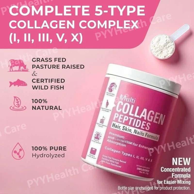 SkinSwaag Beauty Multi Collagen Peptides Powder Types I II III V X — collagen peptides — supplement facts label on white background