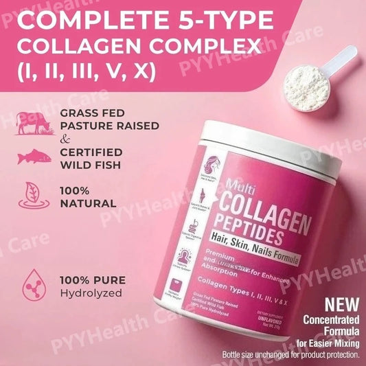 SkinSwaag Beauty Multi Collagen Peptides Powder Types I II III V X — collagen peptides — supplement facts label on white background