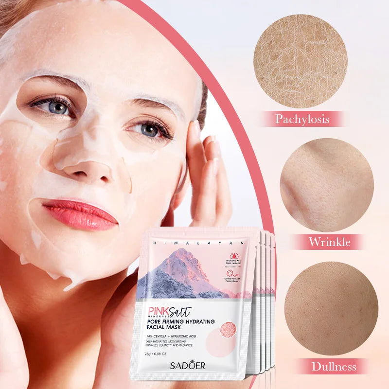 Five pink salt facial mask sachets for moisturizing, brightening, and firming skin
