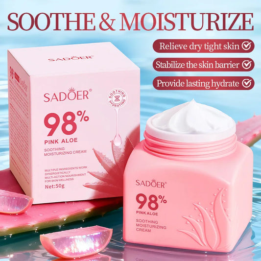 Pink jar of aloe vera moisturizing face cream with cream texture swatch and aloe leaf, skincare product.