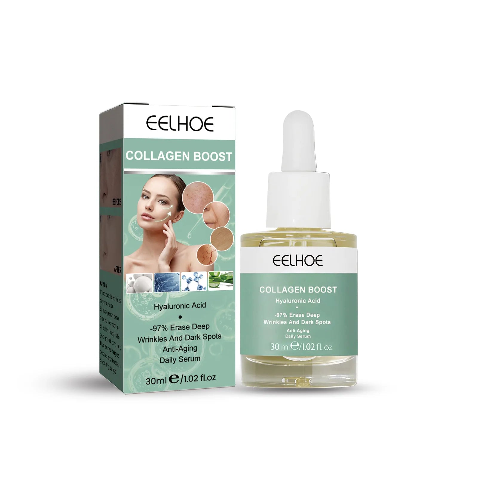 EELHOE — Collagen & Hyaluronic Acid Booster Serum 30ml — Gold dropper bottle on white background