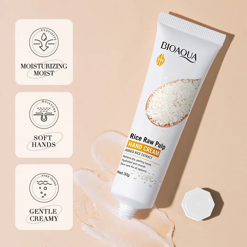White rice hand cream tube for moisturizing, whitening, and anti-aging hand care.