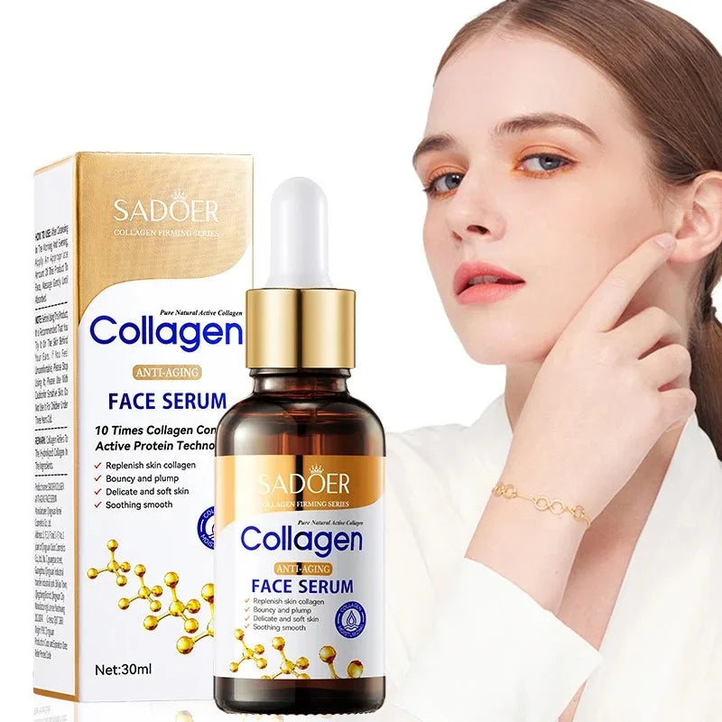 Facial essence serum bottle with collagen nourishing and moisturizing formula for anti-wrinkle, firming, and brightening.