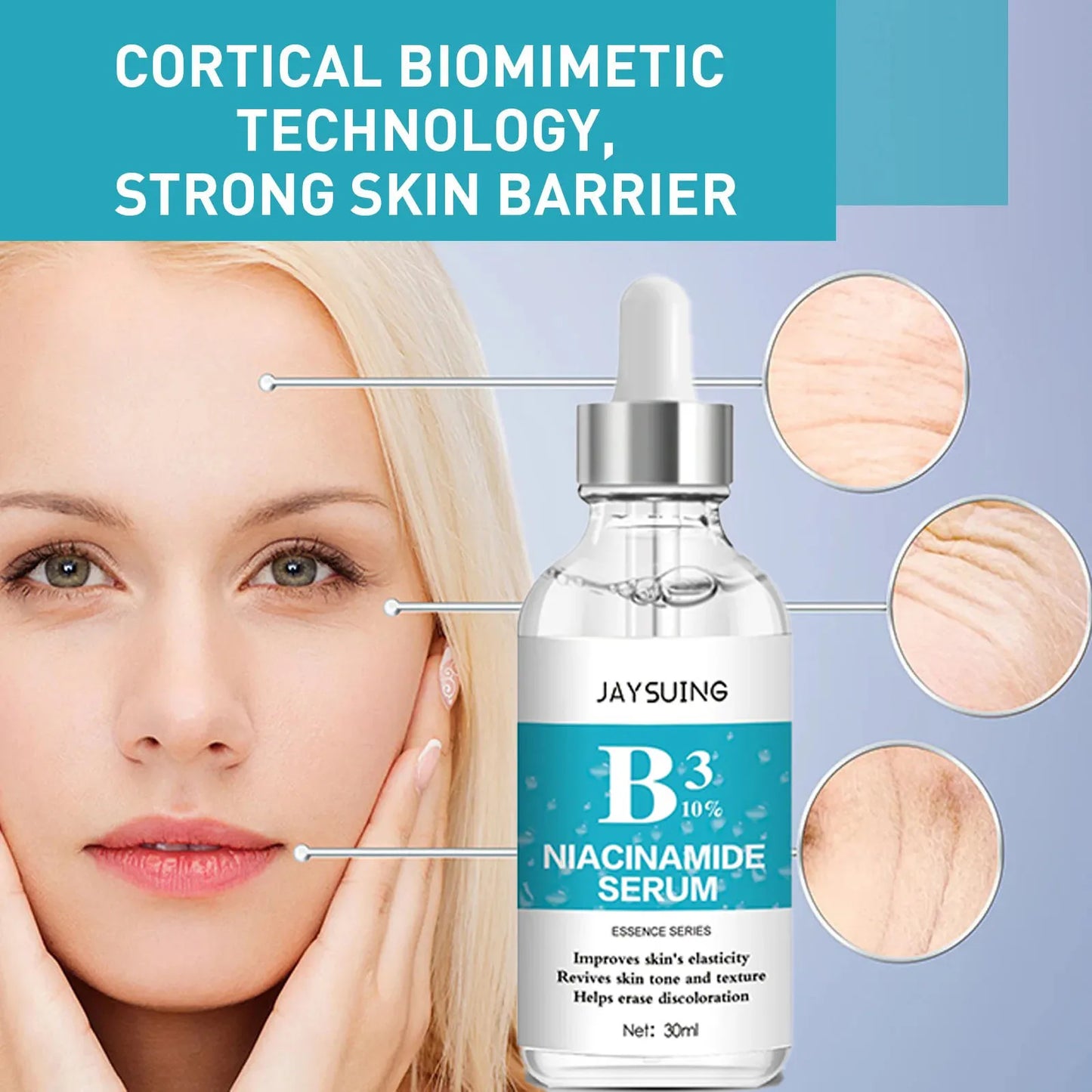 JAYSUING Nicotinamide Anti Wrinkle Serum — Nicotinamide & Collagen — Bottle front view with JAYSUING branding close-up