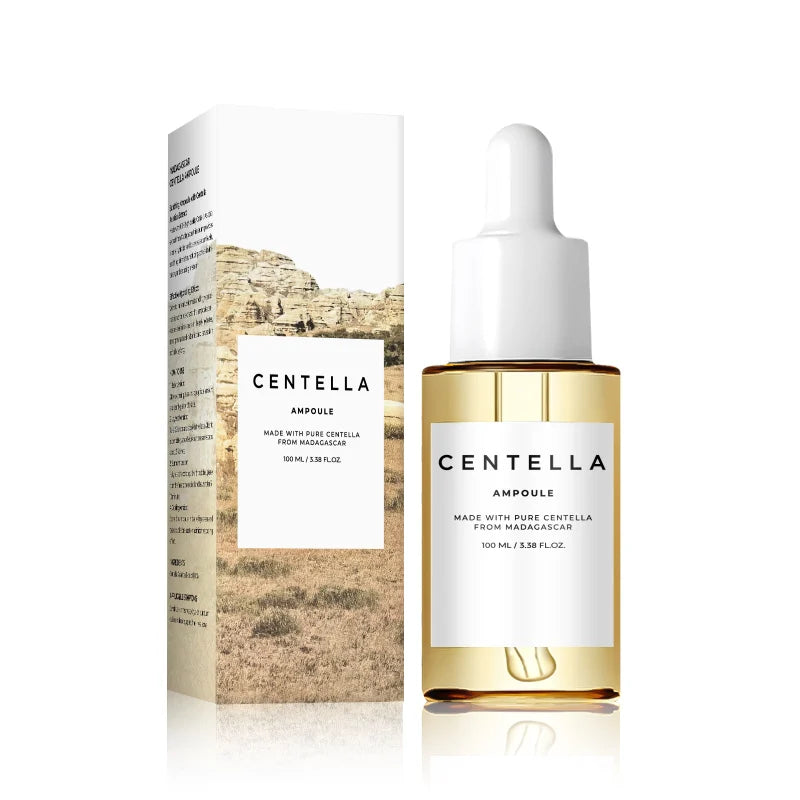 Brightening ampoule serum bottle with centella and niacinamide for hydrated, radiant skin.