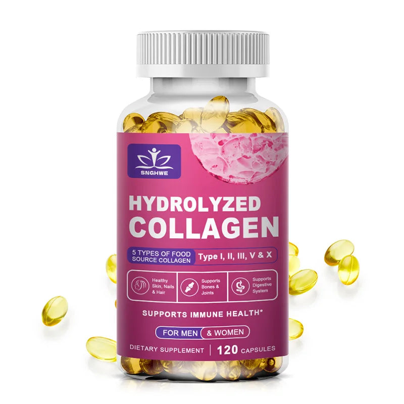 SkinSwaag Beauty SNGHWE Hydrolyzed Collagen Capsules — hydrolyzed collagen + hyaluronic acid — supplement bottle front view on white background