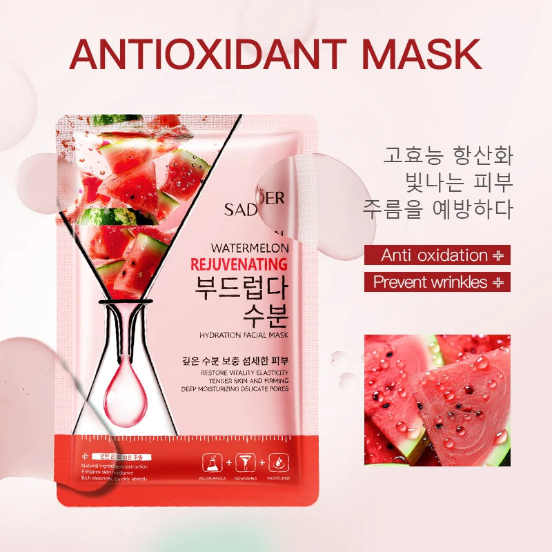 Eight fruit extract facial sheet masks in packaging for hydrating and brightening skin care