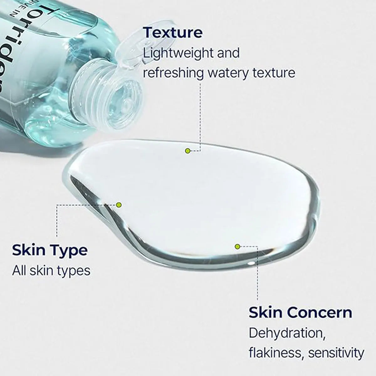 Clear bottle of low molecular hyaluronic acid toner with a refreshing, soothing hydrating formula.