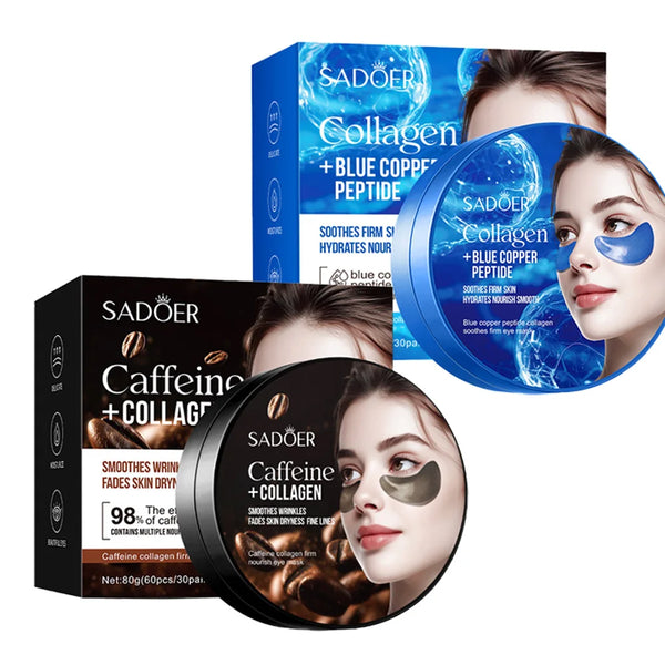 Close-up of transparent gel eye patches infused with collagen and caffeine to target dark circles and puffiness