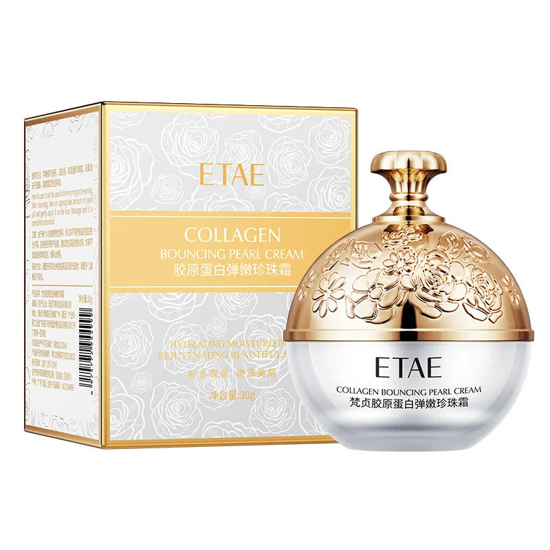 SkinSwaag Beauty — ETAE Collagen Pearl Brightening Face Cream — White and gold jar on white background