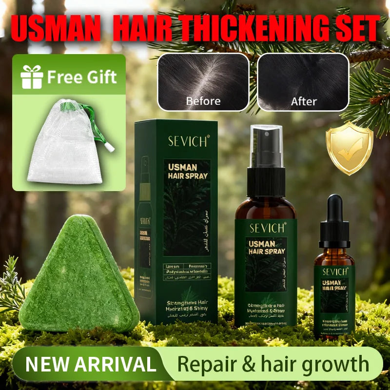 Set of hair care products including serum, essential oil, shampoo, soap, and thickening spray for hair regrowth.