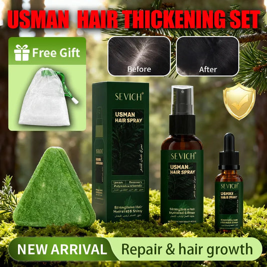 Set of hair care products including serum, essential oil, shampoo, soap, and thickening spray for hair regrowth.