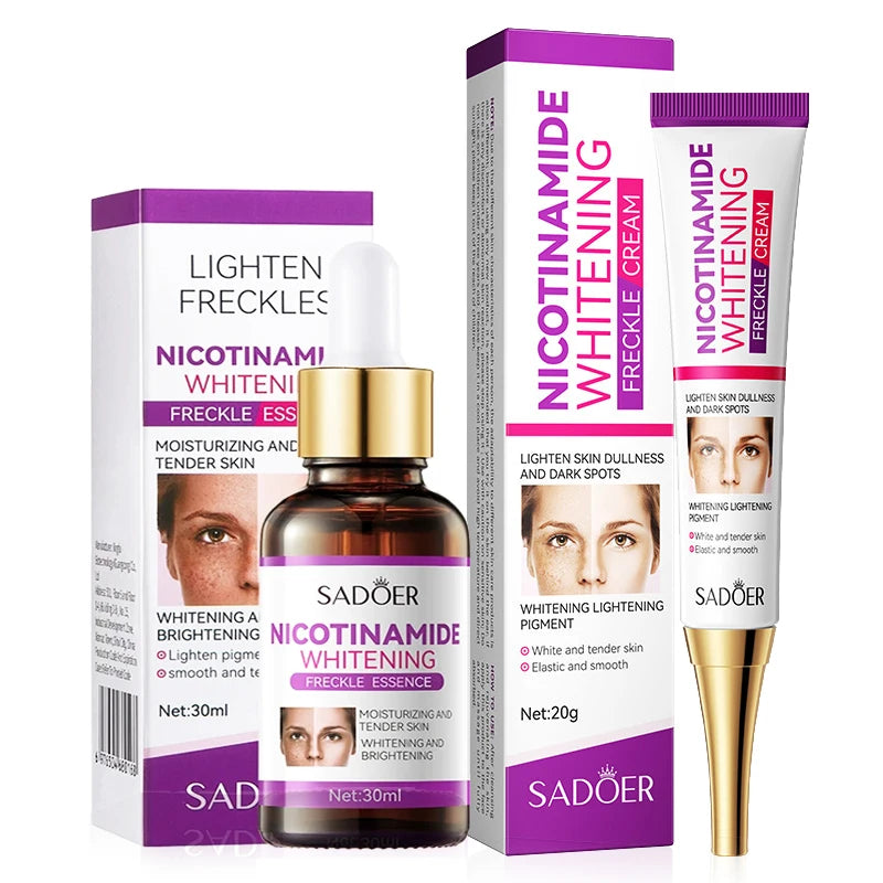 Nicotinamide dark spot correcting essence set with multiple treatment bottles and packaging.