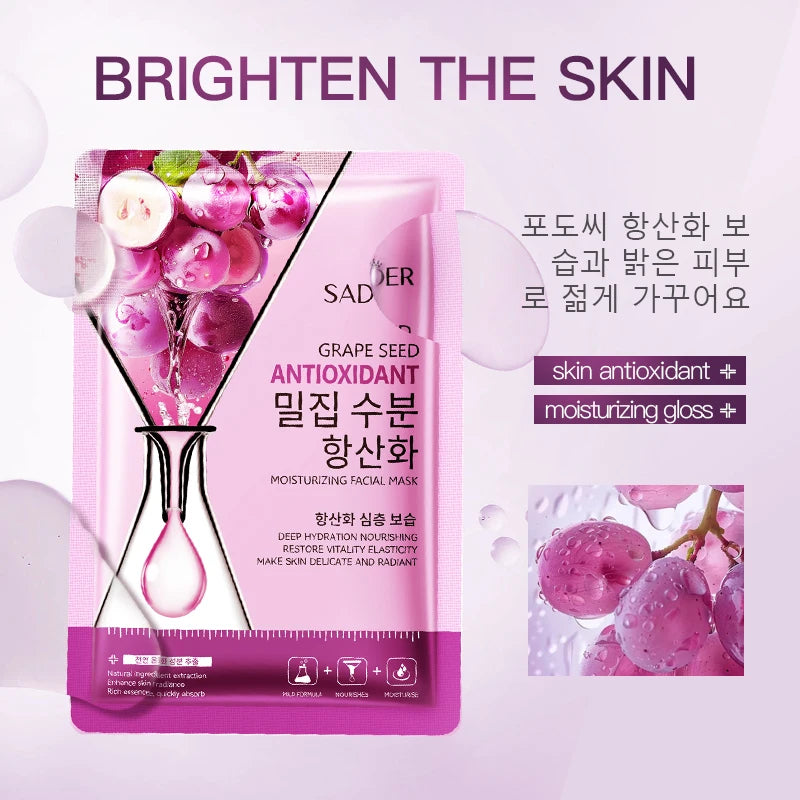 Pack of eight fruit extract sheet masks for moisturizing, brightening and firming skin
