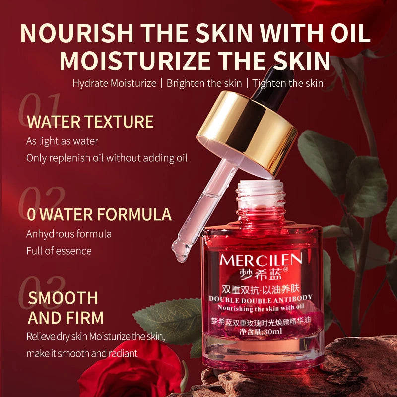 MERCILEN Double Rose Facial Essence Oil — Double Rose & Squalane — Oil applied on facial skin nourishing demo