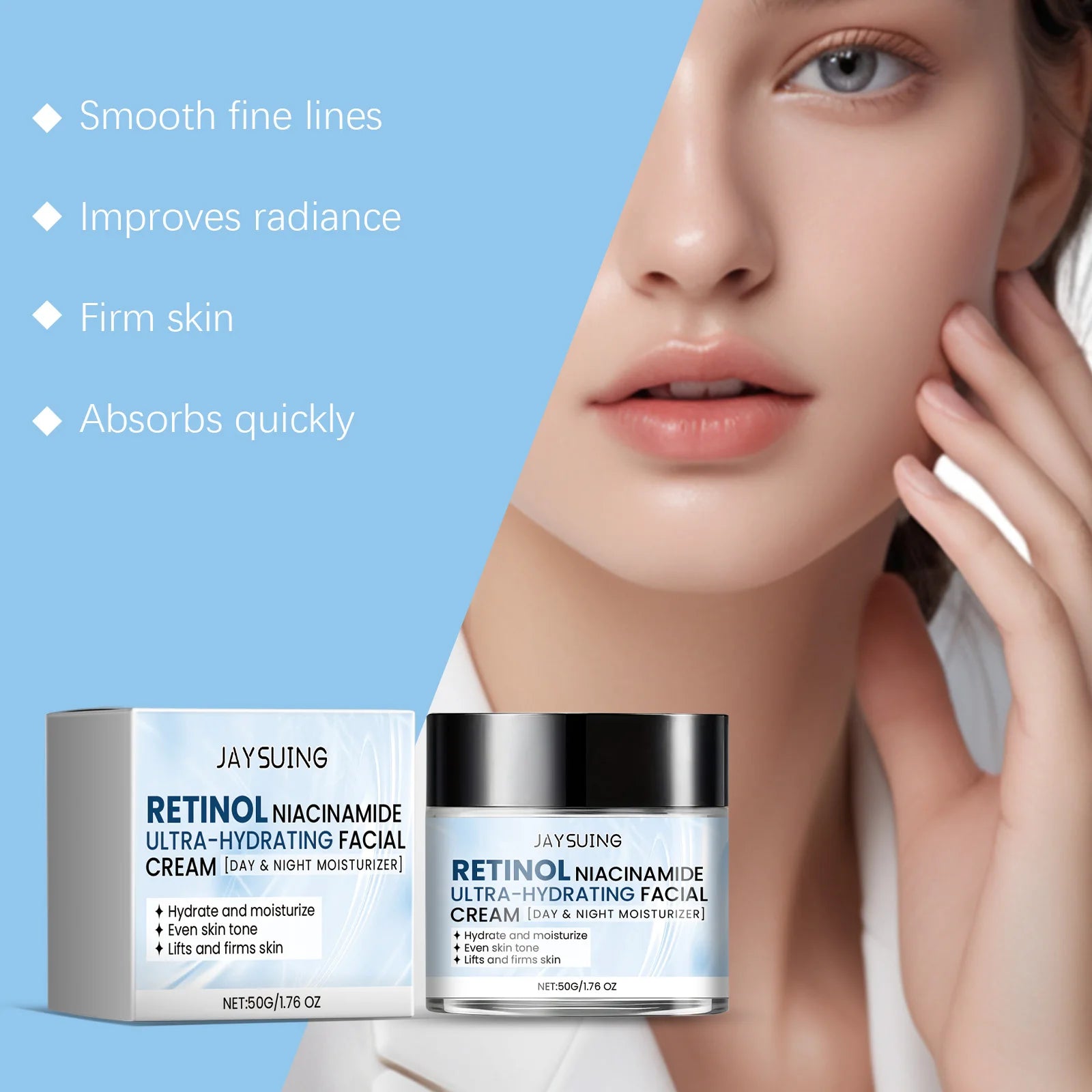 Facial barrier cream jar with niacinamide, hyaluronic acid, and retinol