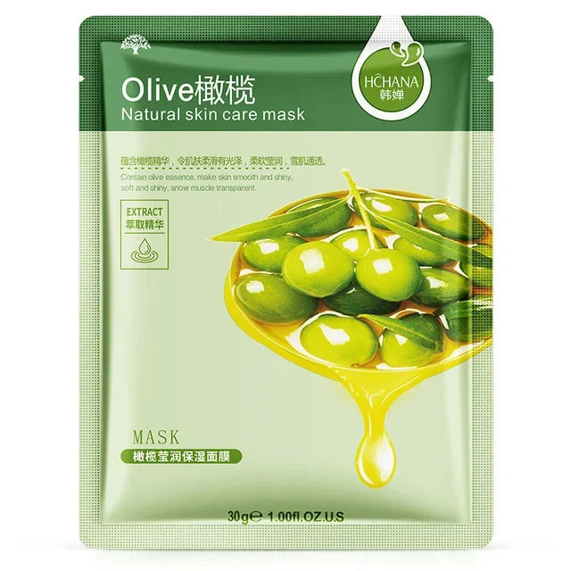 Stack of 30 moisturizing sheet face masks with olive, aloe vera and fruit extract for oil control and soothing hydration.