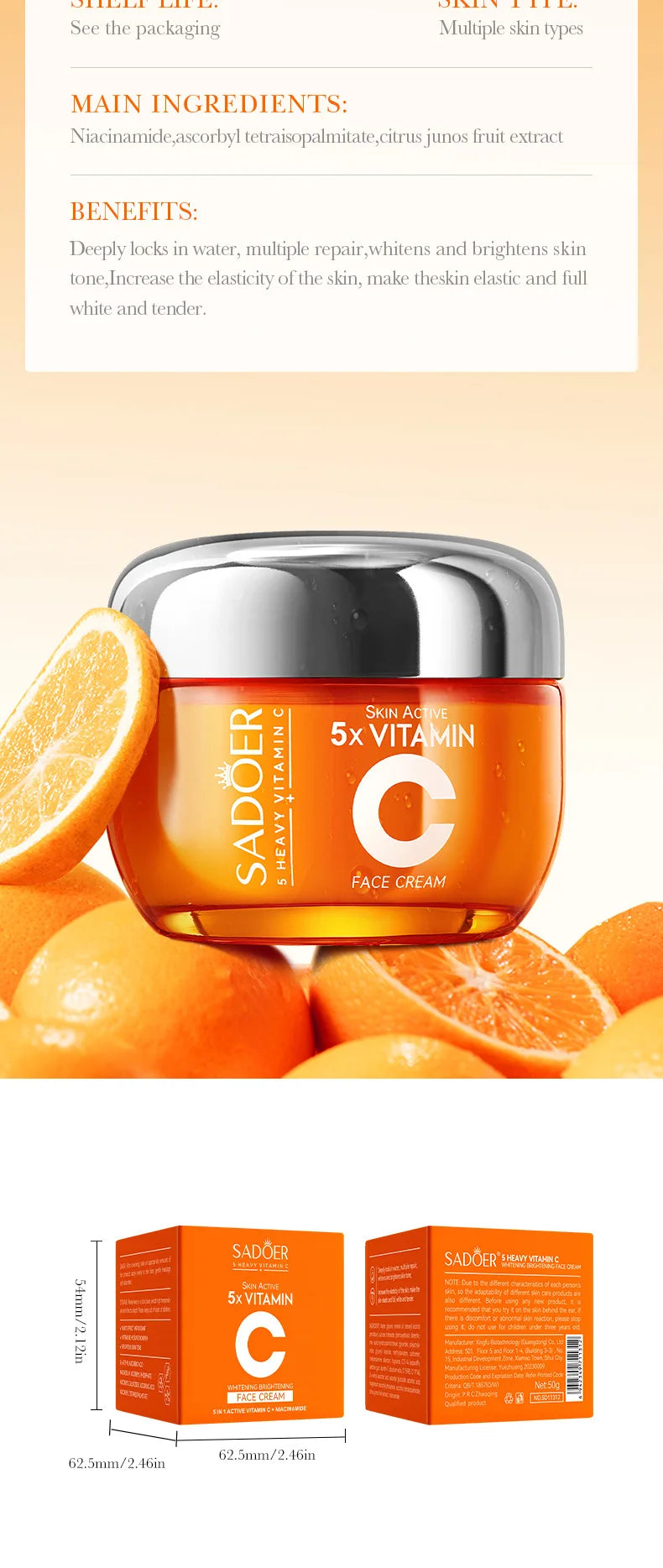 Vitamin C facial cream jar for moisturizing, firming, and brightening skin