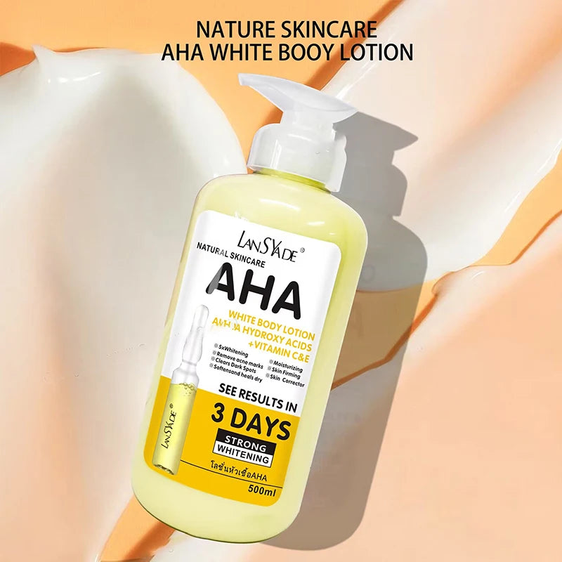 SkinSwaag Beauty LANSYADE AHA Vitamin C & E Whitening Body Lotion — AHA + vitamin C + vitamin E — pump dispenser detail on white background