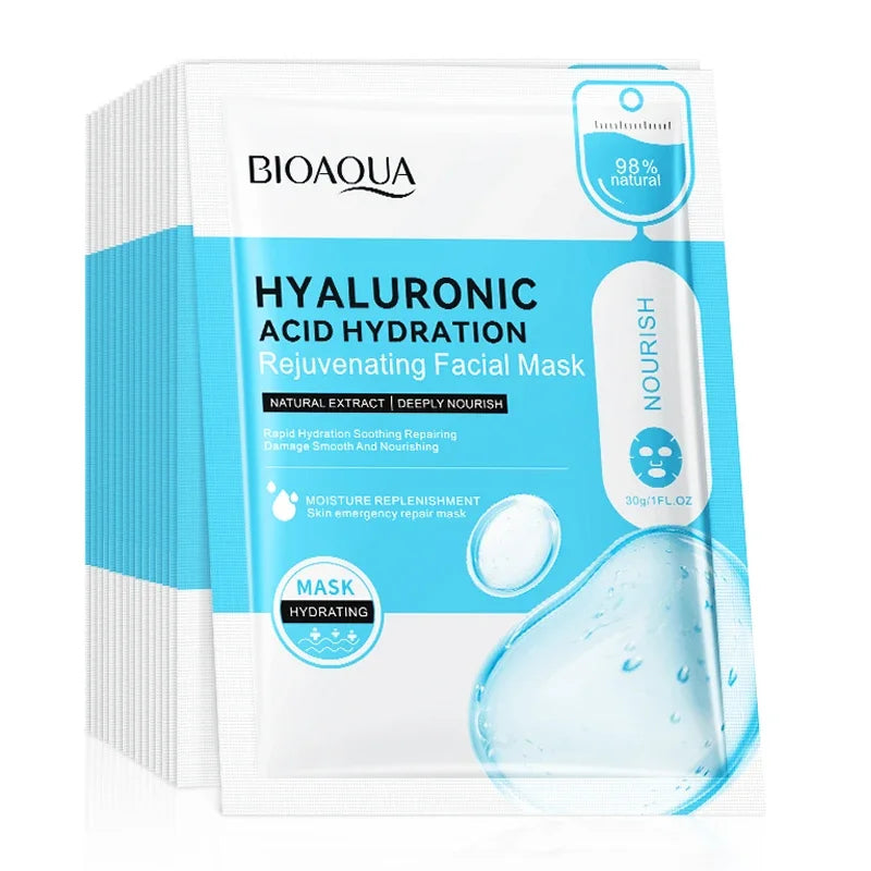 Ten hyaluronic acid moisturising sheet mask sachets for facial hydration
