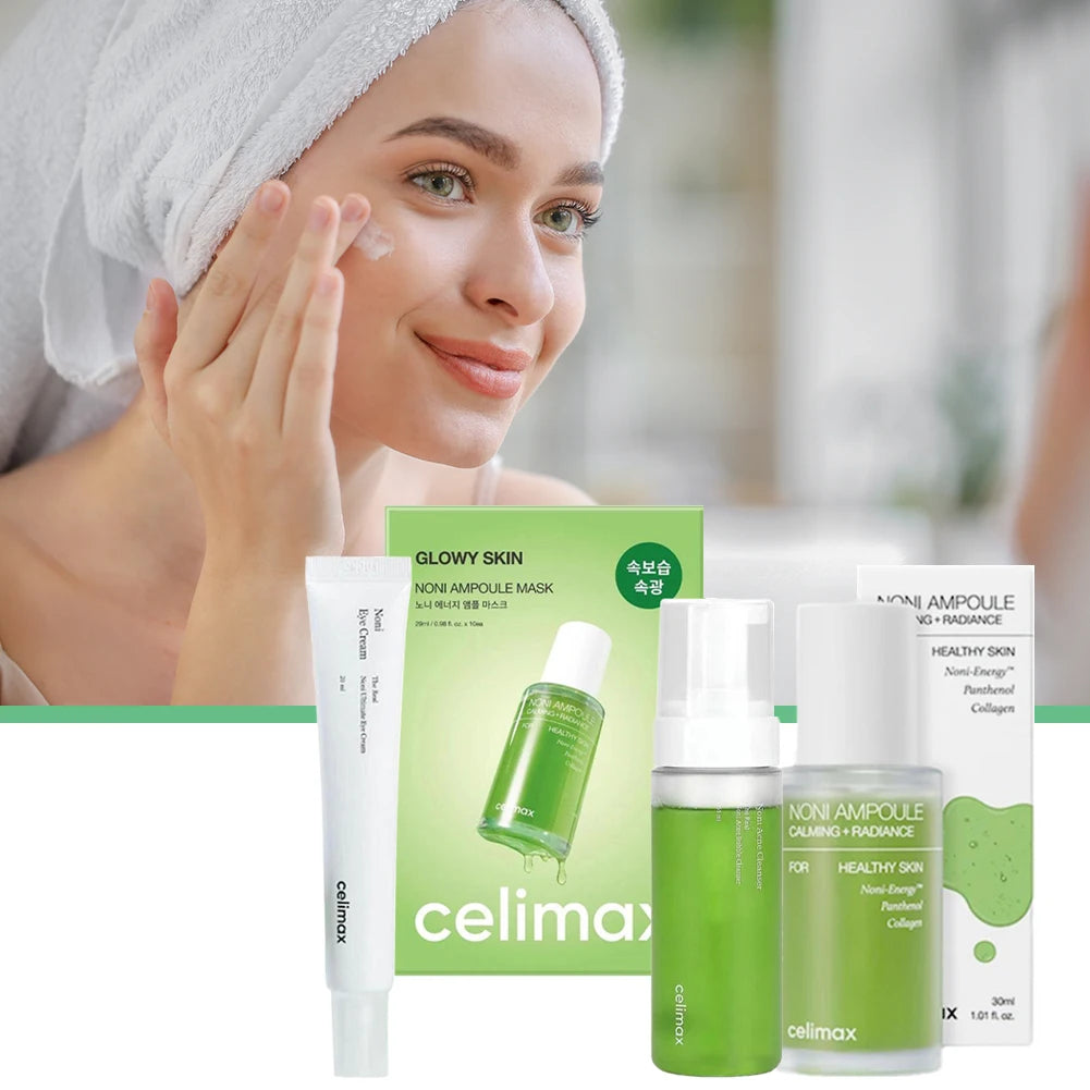 Noni fruit extract skincare set with moisturizer, serum, and ampoule bottles for brightening and wrinkle smoothing.