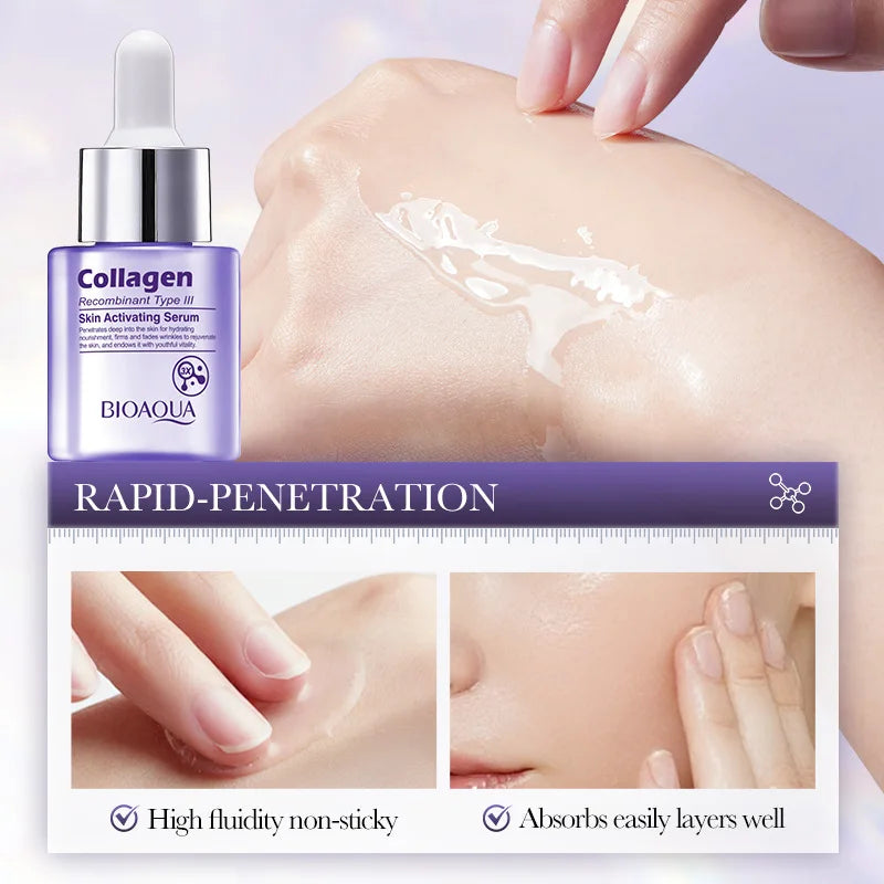 BIOAQUA Collagen Brightening Face Serum — Collagen — Product benefits and moisturizing infographic