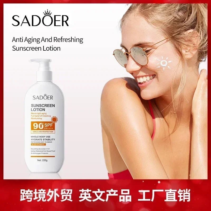 Sunscreen tube with SPF 90 UV protection and moisturising formula