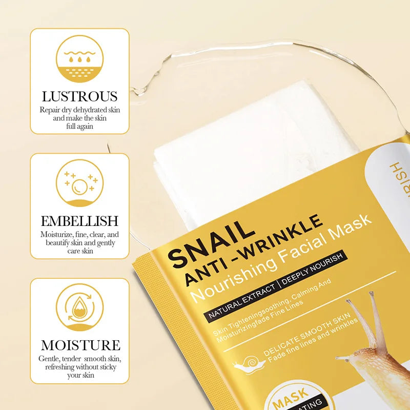 Pack of 10 hydrating snail mucin sheet masks for brightening and moisturizing skin