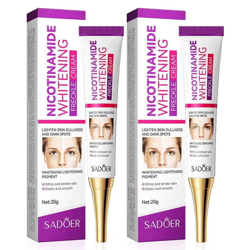 White jar of niacinamide dark spot freckle brightening cream