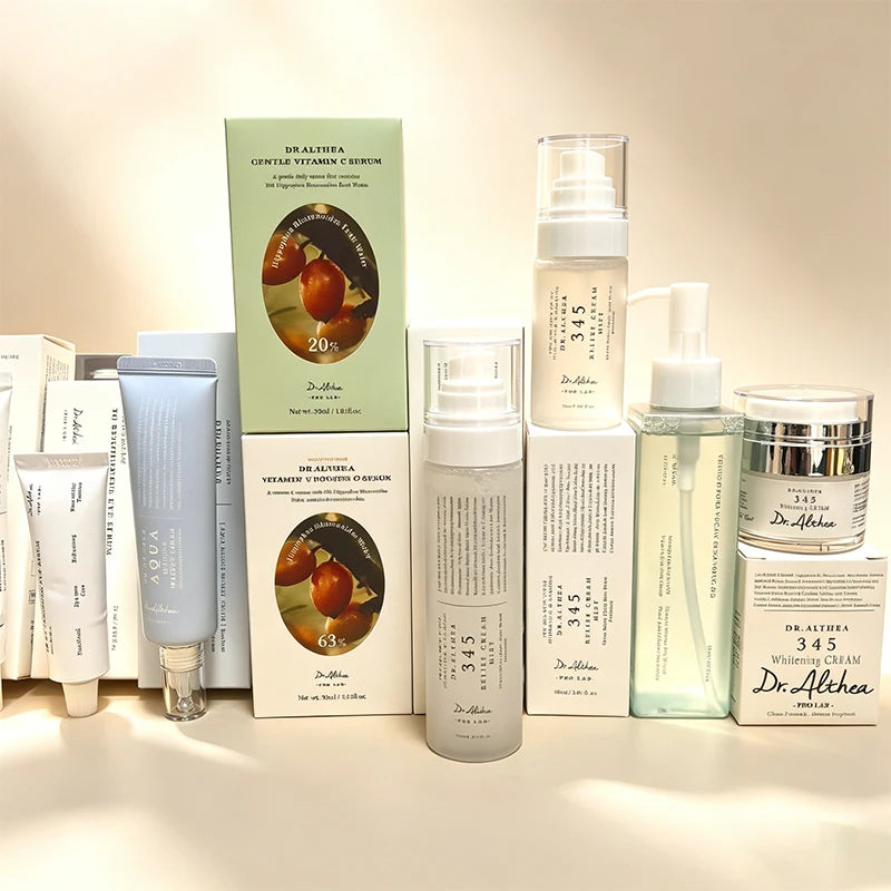 DR ALTHEA Korean Skin Care Product Set — 345 Relief Formula — White and light green assorted bottles jars and tubes on white background