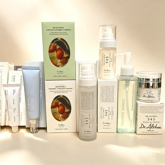 DR ALTHEA Korean Skin Care Product Set — 345 Relief Formula — White and light green assorted bottles jars and tubes on white background
