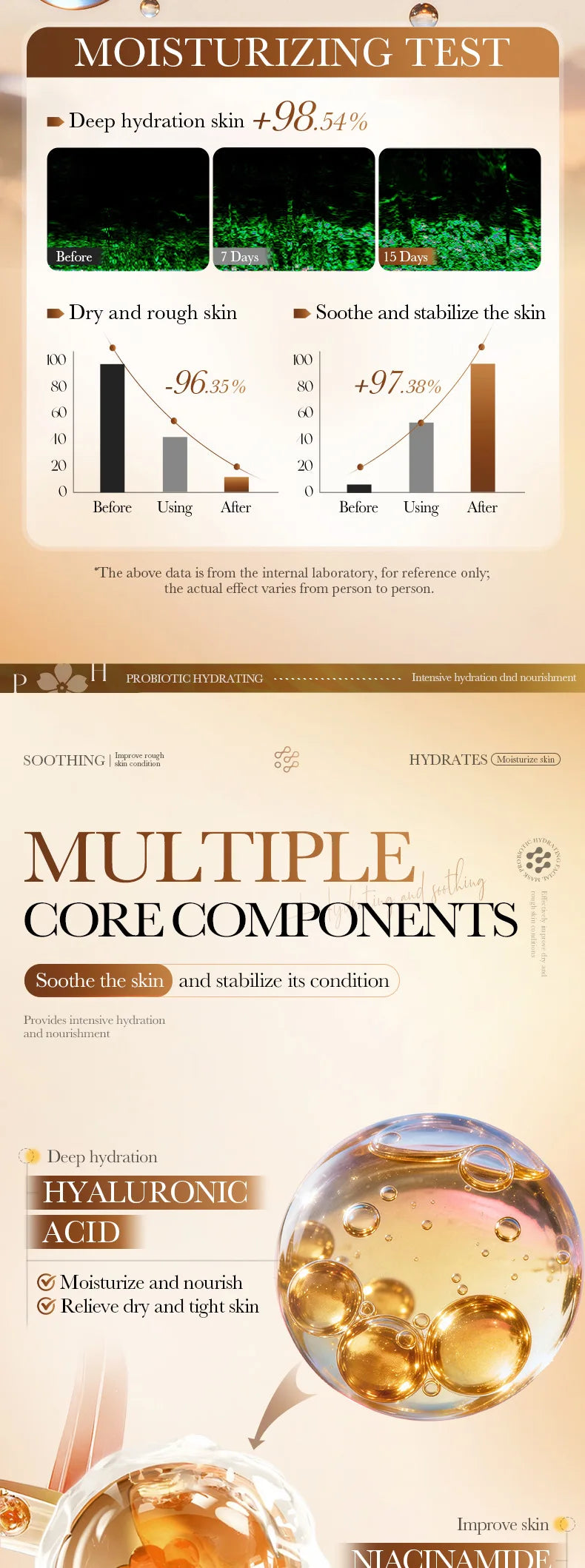 Probiotic facial sheet mask with hyaluronic acid and niacinamide on a white background