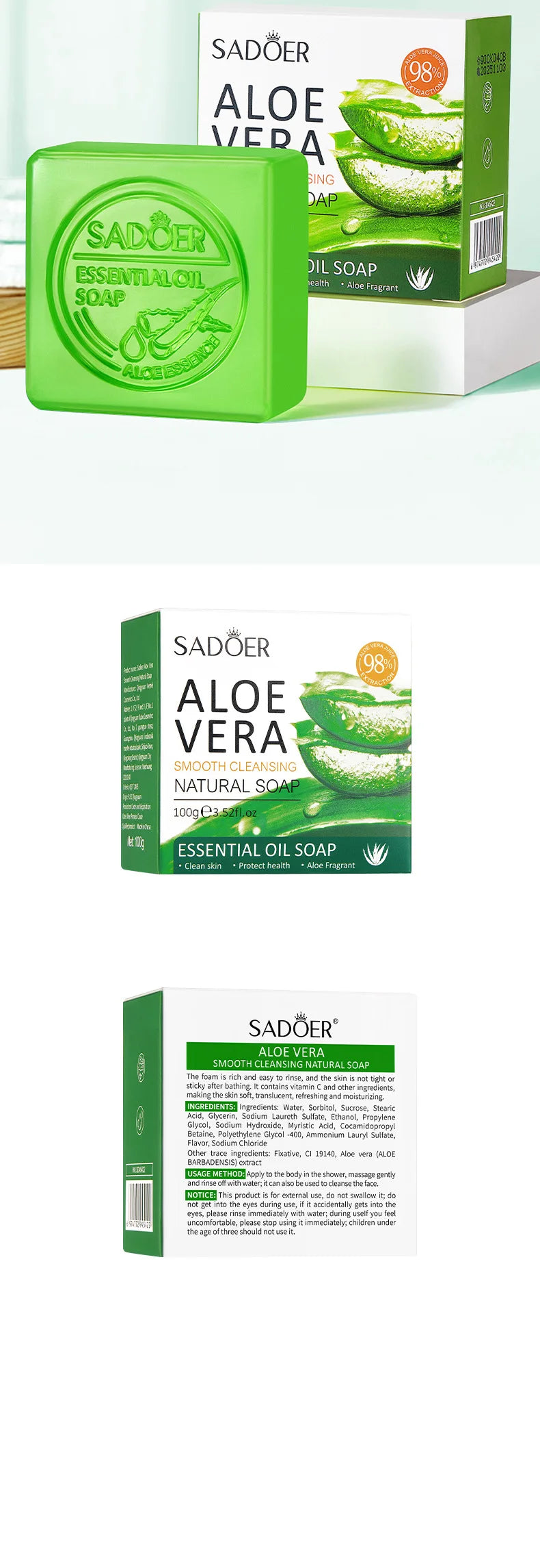Aloe facial soap bar with foamy lather and fresh leaf accent