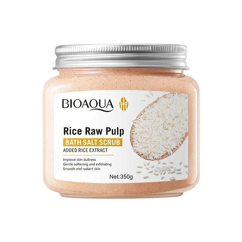 BIOAQUA — Rice Raw Pulp Exfoliating Body Scrub — White and green jar on white background