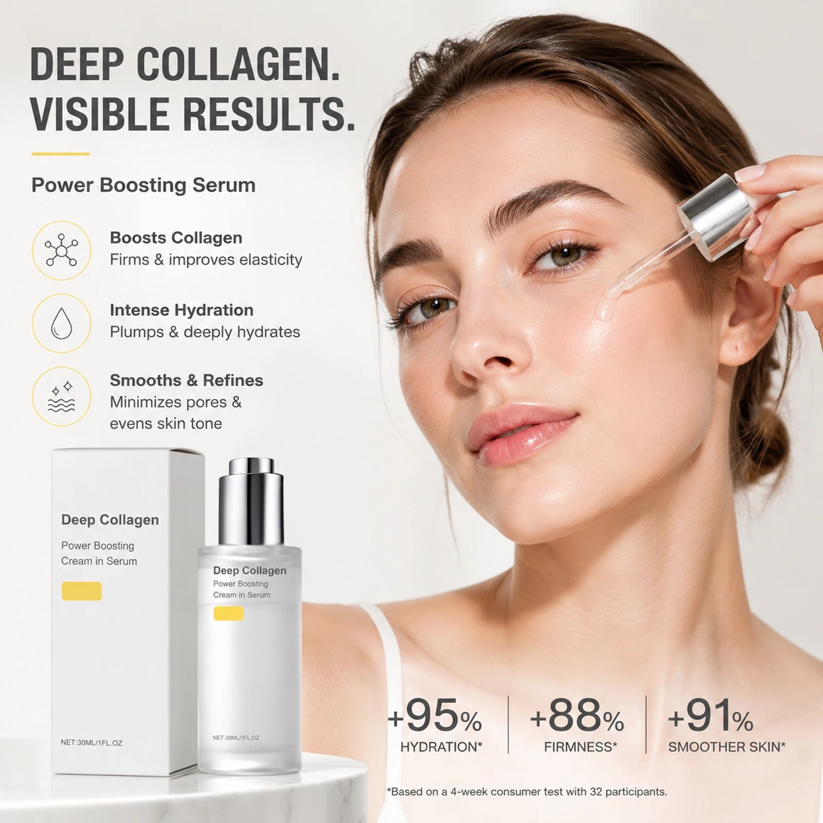 Facial serum bottle for collagen and silk peptide firming treatment