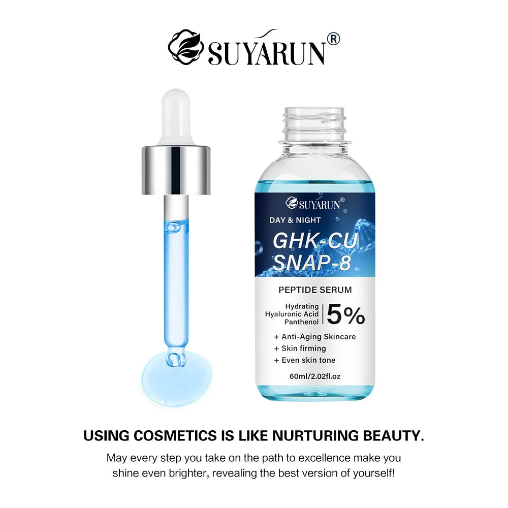 Firming peptide serum with GHK-Cu and SNAP-8 in a cosmetic dropper bottle
