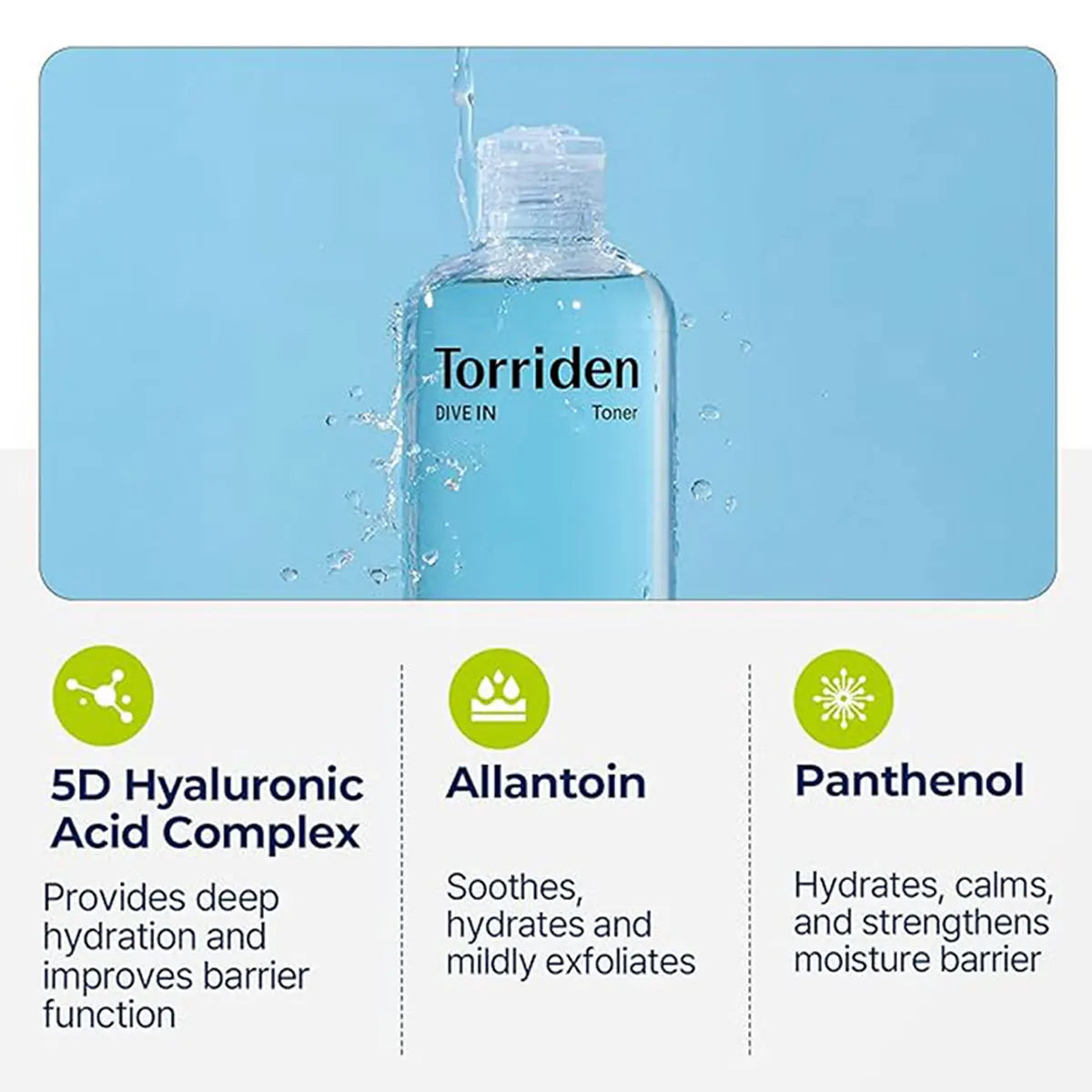 Clear bottle of low molecular hyaluronic acid toner with a refreshing, soothing hydrating formula.