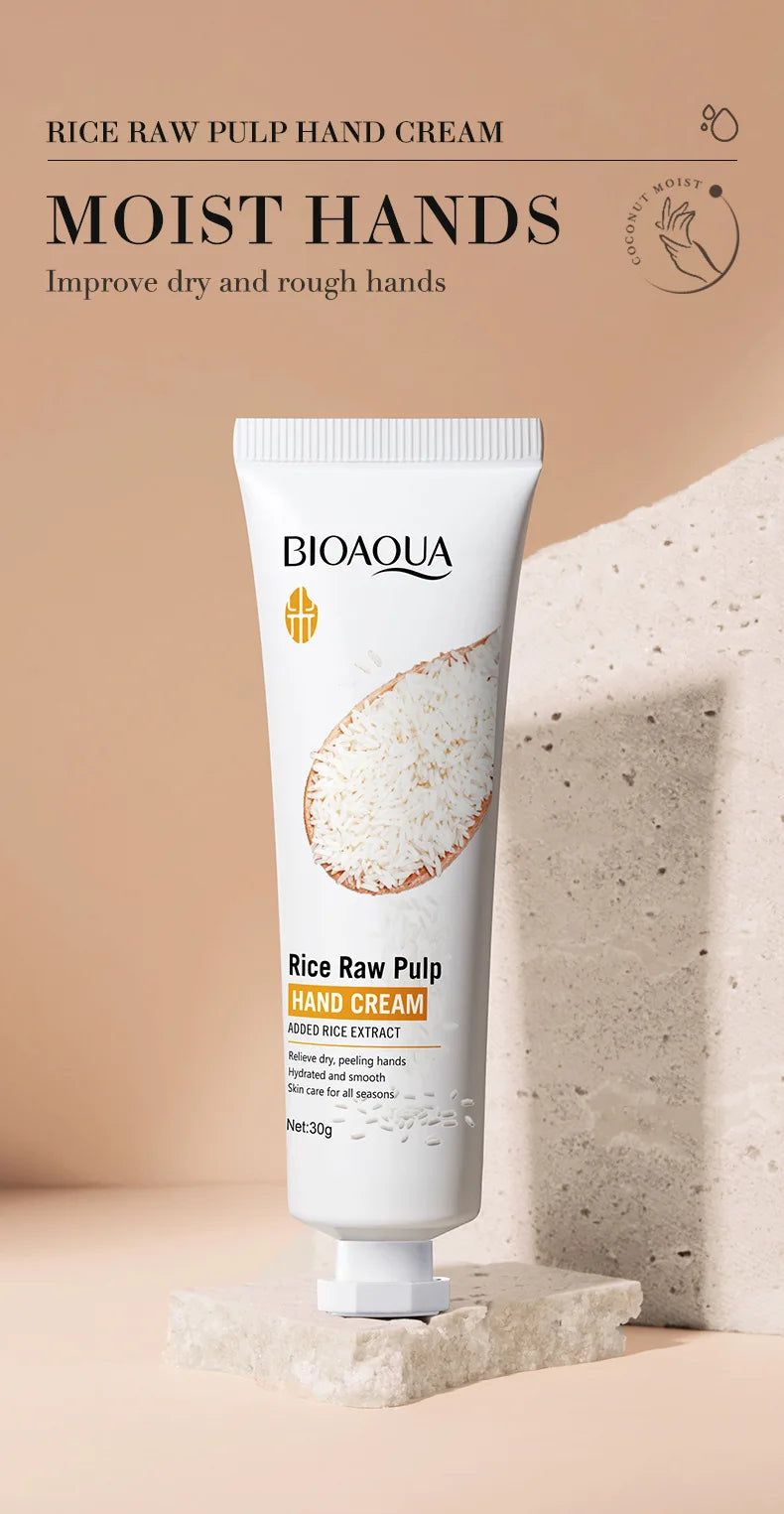 White rice hand cream tube for whitening, moisturizing, nourishing, and anti-aging hand care.