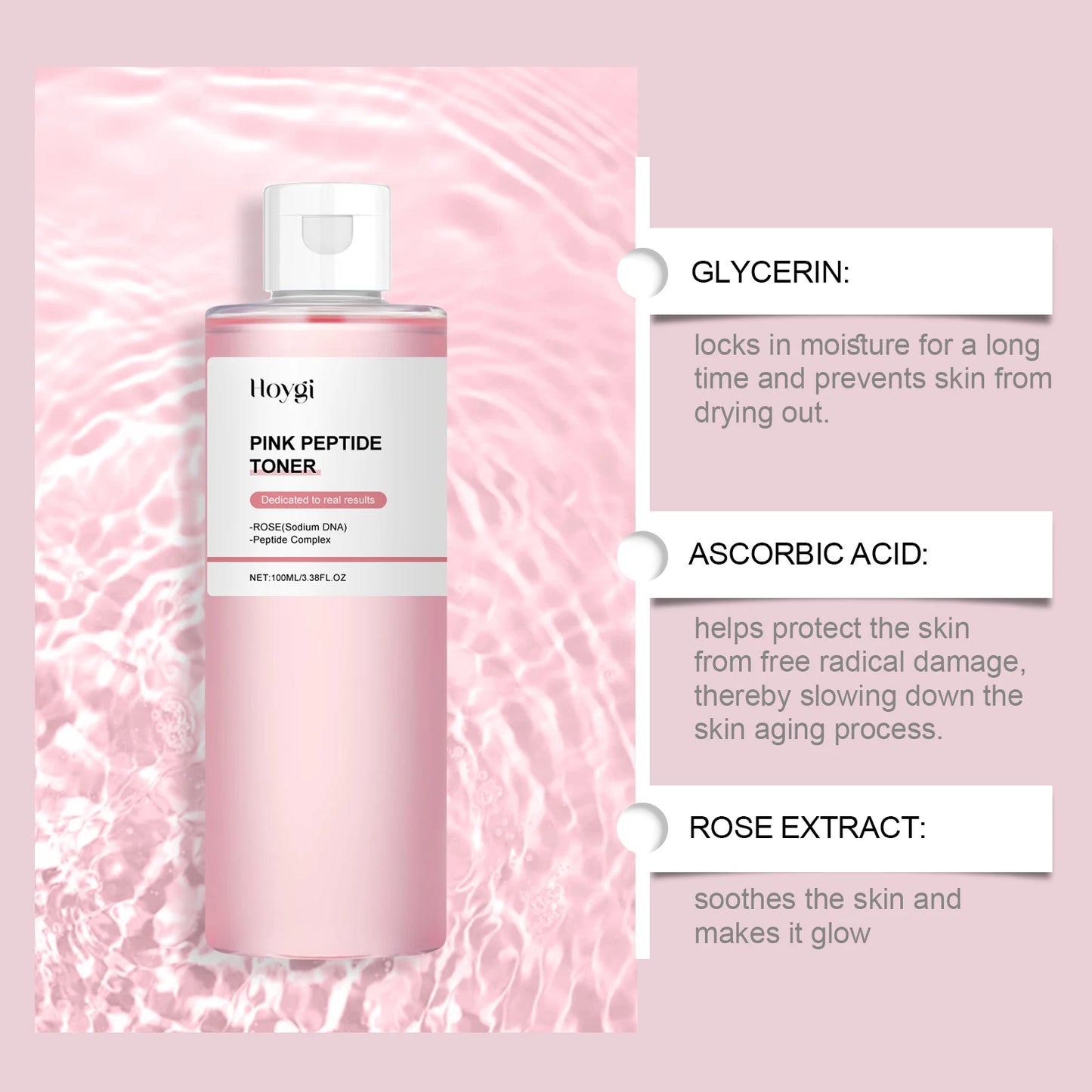 HOYGI Rose Peptide Brightening Glow Toner — rose + peptide — bottle and box side by side on white background