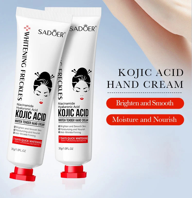 Kojic acid brightening hand cream tube with product label