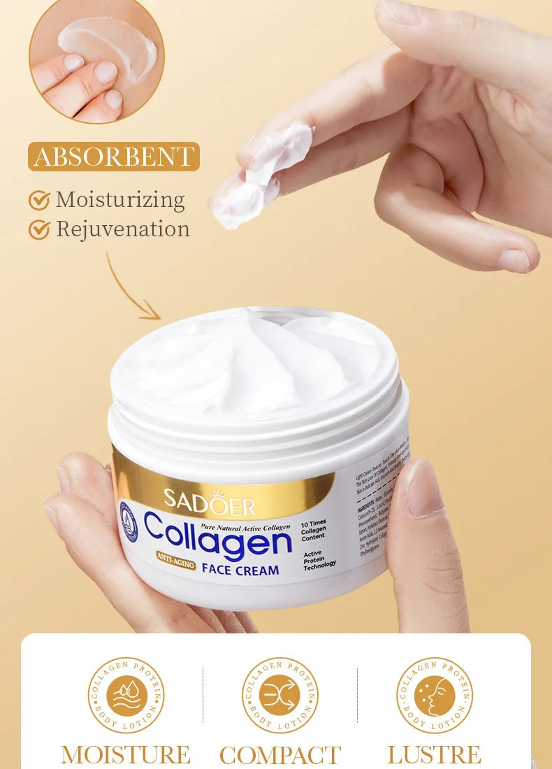 Open jar of collagen firming face cream showing rich moisturizing texture