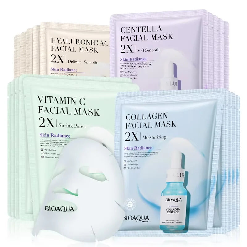 Facial sheet mask enriched with centella, collagen, vitamin C and hyaluronic acid.