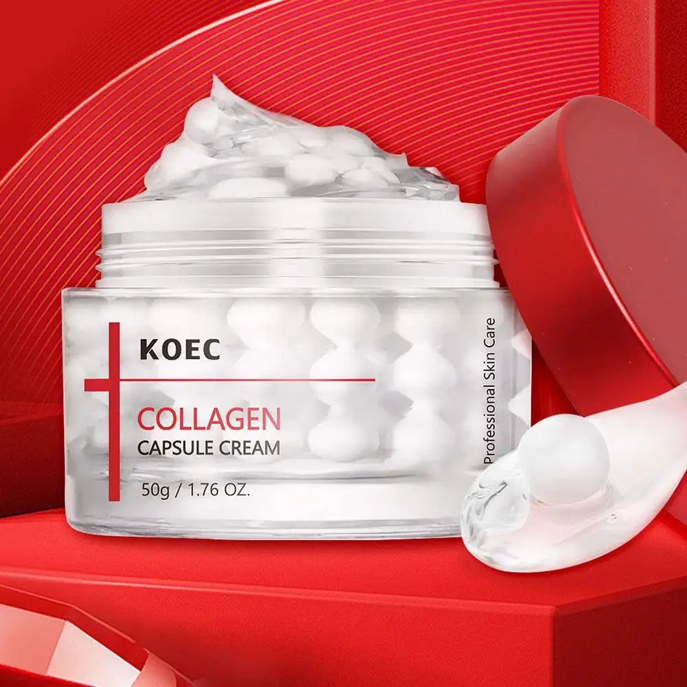 Collagen firming face cream capsule jar on white background